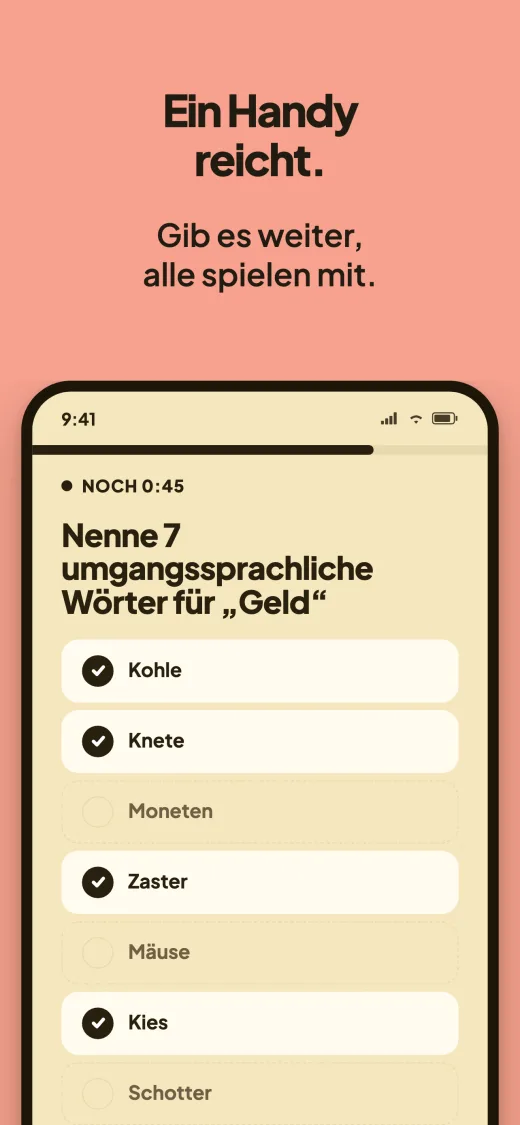Ein Handy reicht. Das Antwortfeld mit 45 Sekunden Restzeit bei „Nenne 7 umgangssprachliche Wörter für „Geld““: Kohle, Knete, Zaster und Kies gefunden, Moneten, Mäuse und Schotter noch verdeckt.