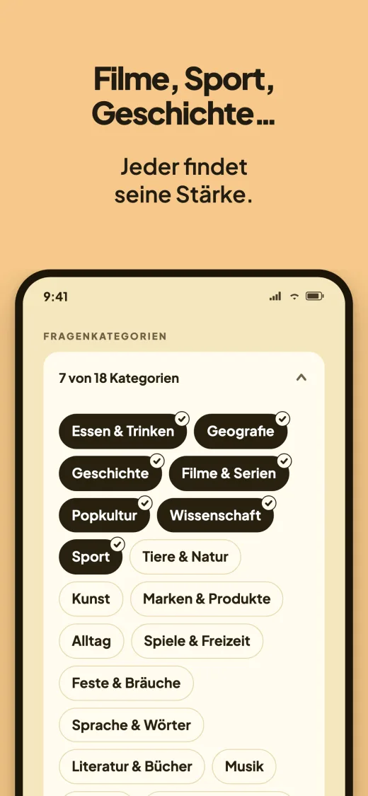 Filme, Sport, Geschichte. Die Kategorienauswahl mit sieben von achtzehn gewählt: Essen & Trinken, Geografie, Geschichte, Filme & Serien, Popkultur, Wissenschaft und Sport.