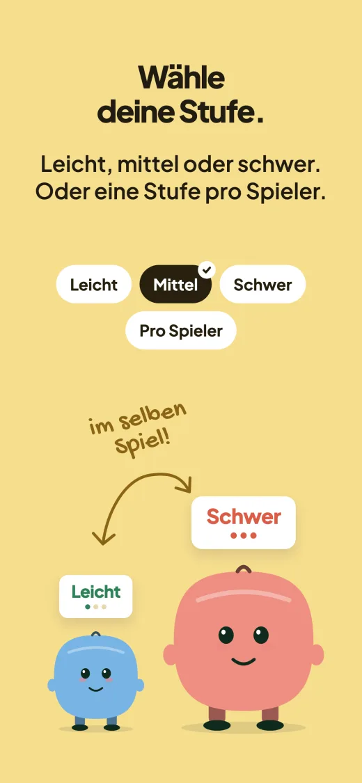 Wähl deinen Schwierigkeitsgrad. Leicht, mittel oder schwer, oder ein Grad pro Spieler. Die Auswahl steht auf Mittel, mit einer Option Pro Spieler, und zwei Maskottchen im selben Spiel, ein kleines mit dem Schild Leicht und ein großes mit dem Schild Schwer.