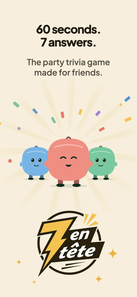 Three round mascots cheering under the game's logo, with the line: 60 seconds, 7 answers.