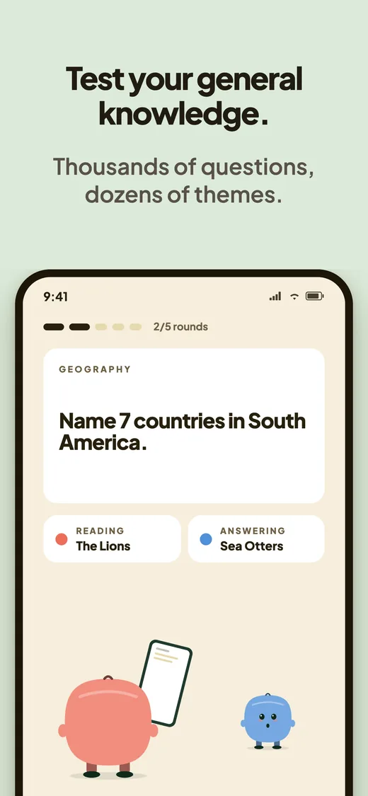A round about to start, two of five: the category Geography, the question “Name 7 countries in South America”, and the two teams, The Lions reading and Sea Otters answering.