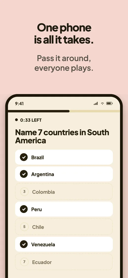 The answer board with 33 seconds left: Brazil, Argentina, Peru and Venezuela found, Colombia, Chile and Ecuador still hidden.