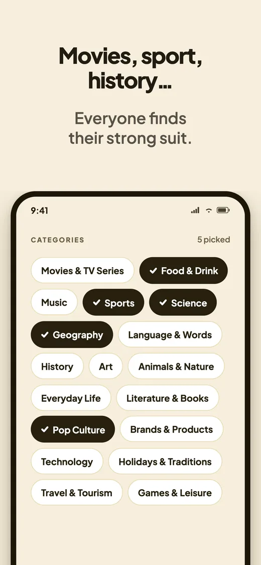 The category picker with five chosen, among them Food & Drink, Sports, Science, Geography and Pop Culture.