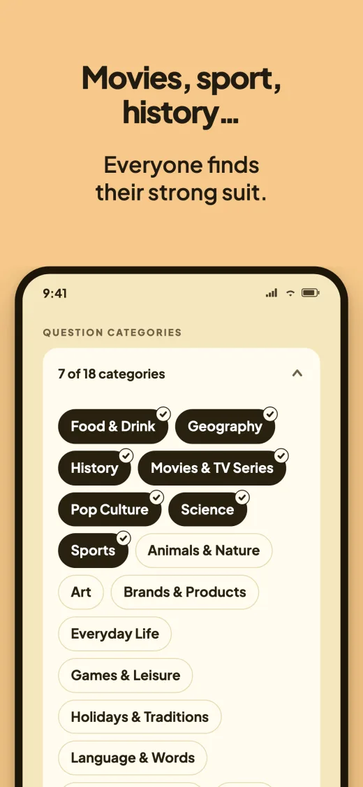 Movies, sport, history. The category picker with seven of eighteen chosen, among them Food & Drink, Geography, History, Movies & TV Series, Pop Culture, Science and Sports.
