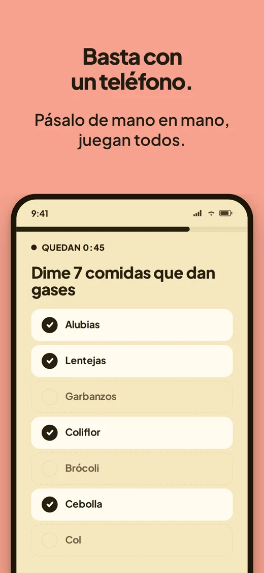 Basta con un teléfono. El tablero de respuestas con 45 segundos por delante en «Nombra 7 comidas que dan gases»: Alubias, Lentejas, Garbanzos y Coliflor encontradas, Brócoli, Cebolla y Col todavía ocultas.