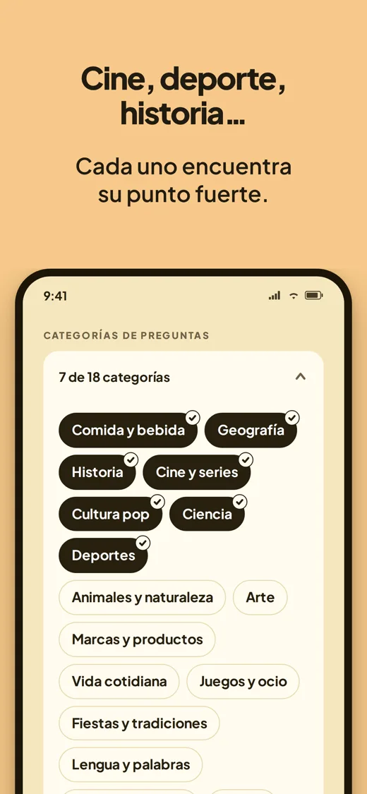 Cine, deportes, historia. El selector de categorías con siete de dieciocho elegidas: Comida y bebida, Geografía, Historia, Cine y series, Cultura pop, Ciencia y Deportes.