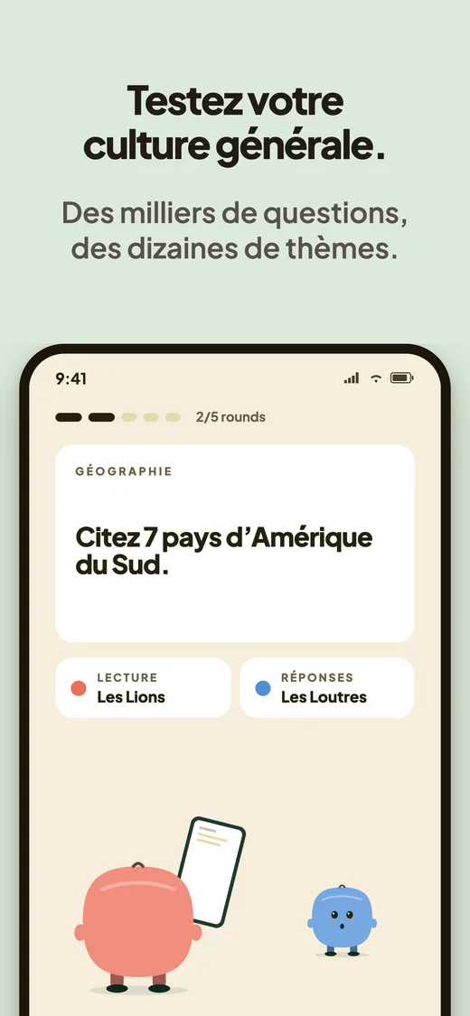Une manche sur le point de commencer, la deuxième sur cinq : la catégorie Géographie, la question « Citez 7 pays d'Amérique du Sud », et les deux équipes, Les Lions qui lit et Les Loutres qui répond.