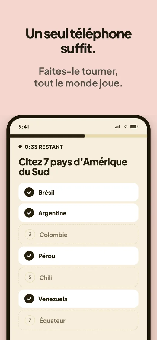 Le tableau des réponses, 33 secondes restantes : Brésil, Argentine, Pérou et Venezuela trouvés, Colombie, Chili et Équateur encore cachés.