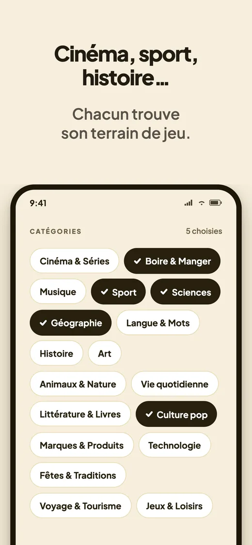 Le choix des catégories, cinq sélectionnées, dont Cuisine & Boissons, Sports, Sciences, Géographie et Culture pop.