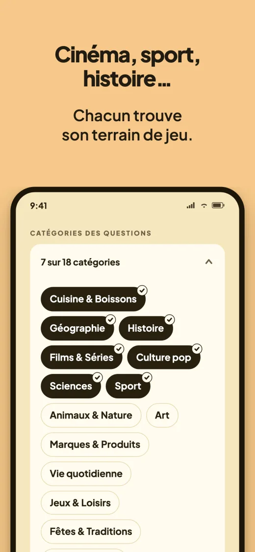Cinéma, sport, histoire. Le choix des catégories, sept sélectionnées sur dix-huit : Cuisine & Boissons, Géographie, Histoire, Films & Séries, Culture pop, Sciences et Sport.
