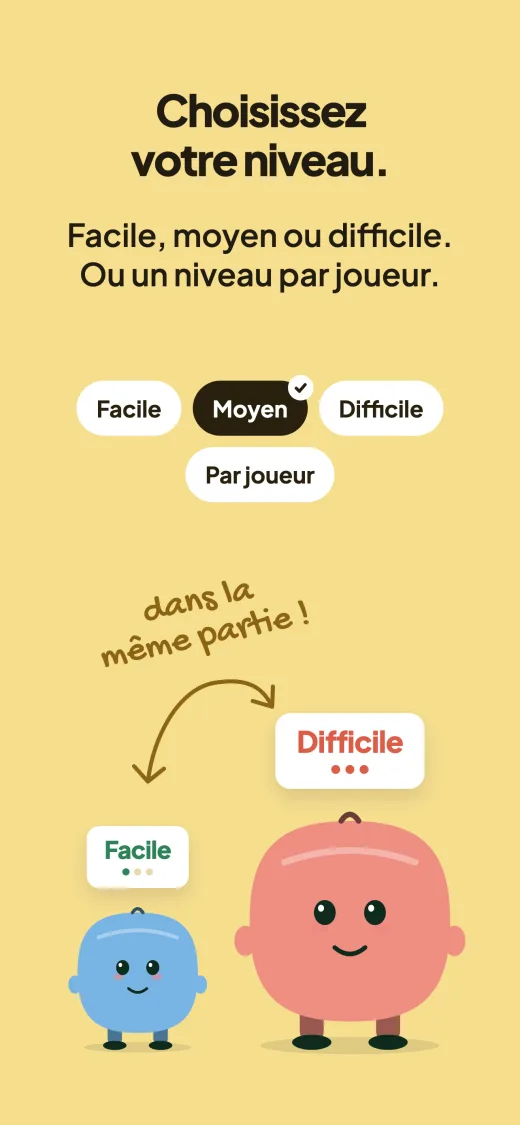 Choisissez votre niveau. Facile, moyen ou difficile, ou un niveau par joueur. Le réglage de difficulté sur Moyen, avec une option Par joueur, et deux mascottes dans la même partie, une petite marquée Facile et une grande marquée Difficile.
