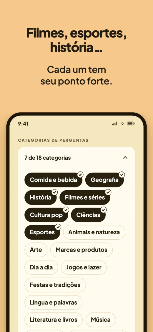 Filmes, esportes, história. O seletor de categorias com sete de dezoito escolhidas: Comida e bebida, Geografia, História, Filmes e séries, Cultura pop, Ciências e Esportes.